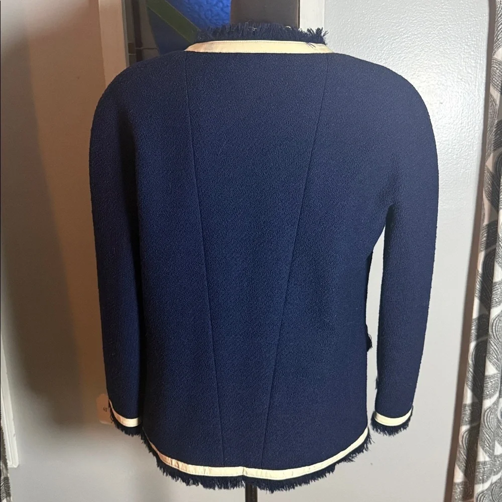 Vintage CHANEL Navy Tweed Fringed Jacket with Cream Vinyl Trim SZ40